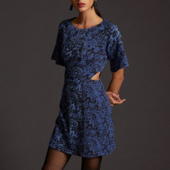 Anthropologie Jacquard Blue & Black Cut-Out Mini Dress NWT Size 10 - Picture 1 of 14